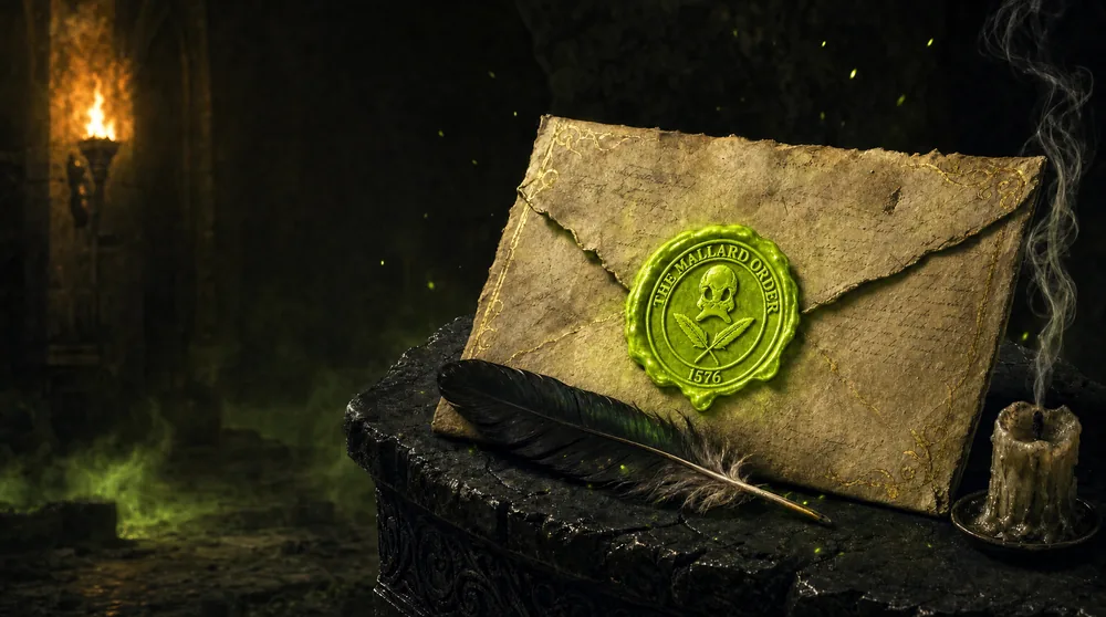 A sealed letter bearing The Mallard Order’s wax seal